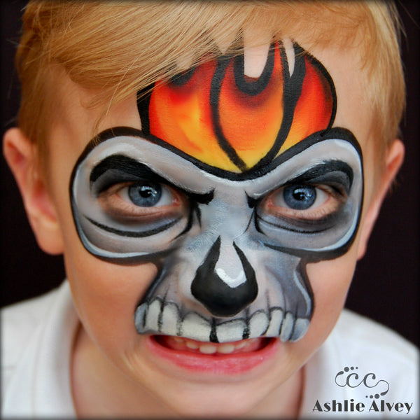 One Stroke Flaming Skull Mask by Artist Ashlie Alvey - Facepaint.com