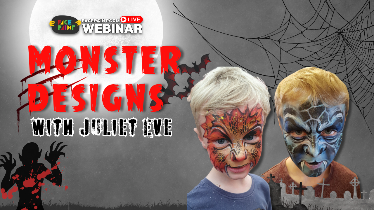 Monster face painting tutorial demonstrating Major Monster Marks technique on eyes, nose, and mouth for festival-ready designs.
