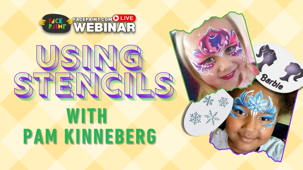 Pam Kinneberg demonstrating how to use face painting stencils in a live tutorial