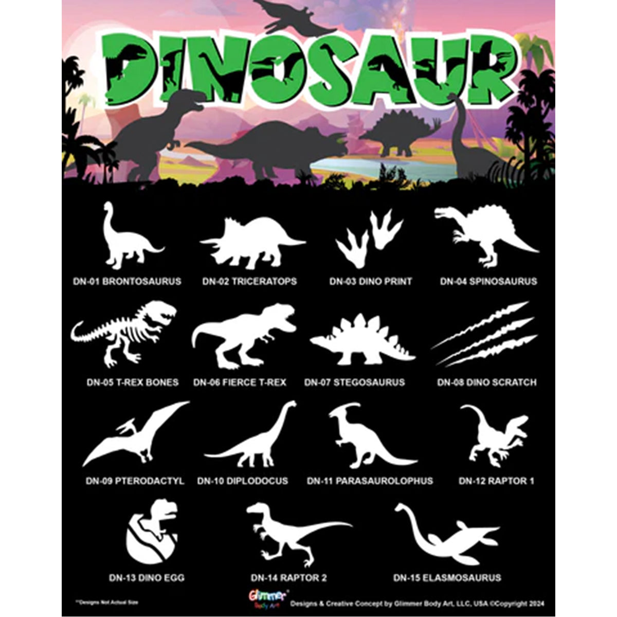 Glimmer Body Art Glitter Tattoo Stencils Set with Poster - Dinosaur (75 pcs)