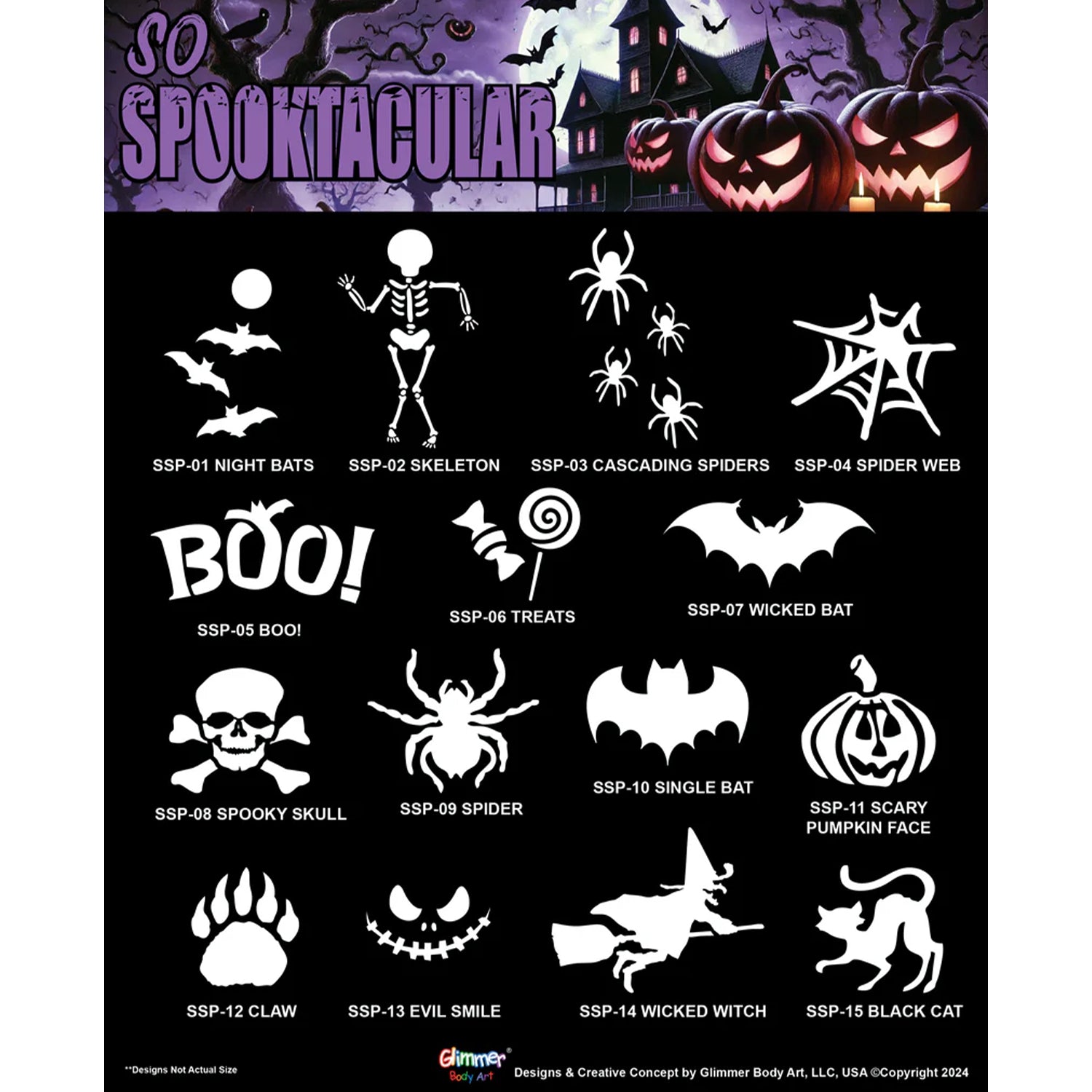 Glimmer Body Art Glitter Tattoo Stencils Set with Poster - So Spooktacular (75 pcs)